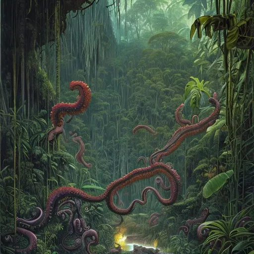 Prompt: Landscape painting, lush and dark jungle, a human sized orchid with tentacles, dull colors, danger, fantasy art, by Hiro Isono, by Luigi Spano, by John Stephens