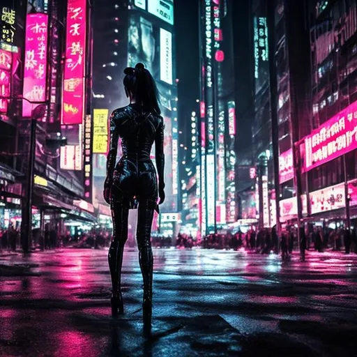 Prompt: 4k. Focused. Gorgeous. black and neon killer lady. Russian. Switchblade weapon. Beautiful. Deadly.. Full body. Accurate. realistic. evil eyes. Slow exposure. Detailed. Dirty. Dark and gritty. Post-apocalyptic Neo Tokyo .Futuristic. Shadows. Armed. Fanatic. Intense. 