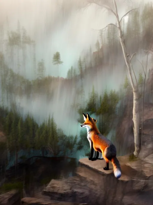 Prompt: Fox standing on a rock outcrops looking over a lake at misty mountains