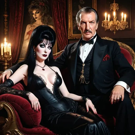 Prompt: (Elvira Mistress of the Dark lying on her side on a Chaise Lounge with Vincent Price Standing Behind her his hand on her shoulder), baroque style, dark color scheme, elegantly gothic attire, intricate details, dim lighting, dramatic shadows, opulent background, luxurious textures, ornate furniture, deep reds and blacks, baroque patterns, solemn atmosphere, rich color tones, dark romanticism, ultra-detailed, 4K, photorealistic masterpiece, timeless elegance.