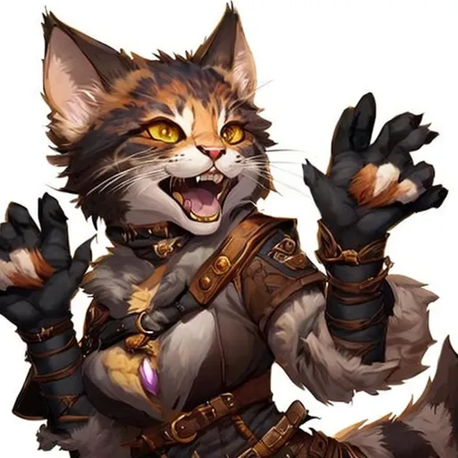 Prompt: catfolk adventurer female dnd character art, joyful, tortoiseshell color of furr, one fang anime smile, commission artstation, sneaky tabaxi caster