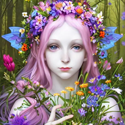 Prompt: fairy goddess of spring, pale skin,surrounded by vividly colored wildflowers,closeup