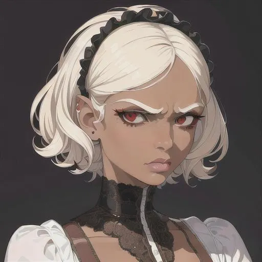 Prompt: (masterpiece, illustration, best quality:1.2), brown skin, angry face, detailed eyes, Victorian style, pixie hair style, white hair, devilish like white eyes, wearing thin white nightgown, best quality face, best quality, best quality skin, best quality eyes, best quality lips, ultra-detailed eyes, ultra-detailed hair, ultra-detailed, illustration, colorful, soft glow, 1 girl