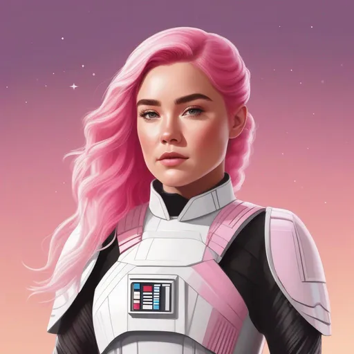 Prompt: illustration of a star wars character based on florence pugh, but with pink hair, and in white armor