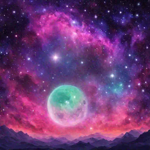Prompt: Create an image of one cosmos shocking with another cosmos, creating a starry fishure among them, and make a eclipse behind them, use a color palette going from purple to pink for the first cosmos and a color pallete going from blue to lightgreen to the second