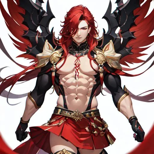 Prompt: Zerif 1male (Red side-swept hair covering his right eye) muscular, UHD, 8K, Highly detailed, insane detail, best quality, high quality. wearing a skirt, wearing thigh highs