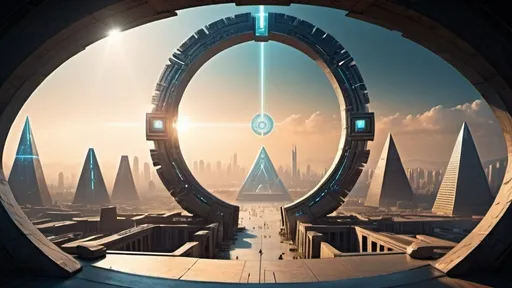 Prompt: circular stargate, gateway between worlds, interdimensional portal, ring, disc, ring standing on edge, city plaza, futuristic cyberpunk, panoramic view, techno pyramids in background