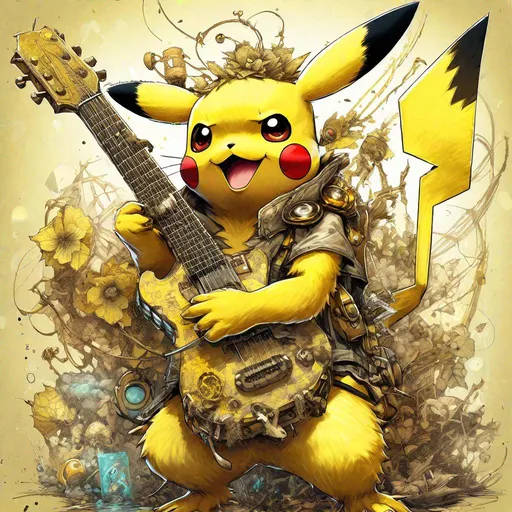 Prompt: "Biopunk ''Pikachu Pokemon playing Yellow Guitar'' : by Ken Sugimori, Jean-Baptiste Monge, Carne_griffiths, Brian Kesinger and guillermo del toro : ornate, dynamic, elegant, lacey, extremely detailed, centered, sharp focus, octane render, splash art"