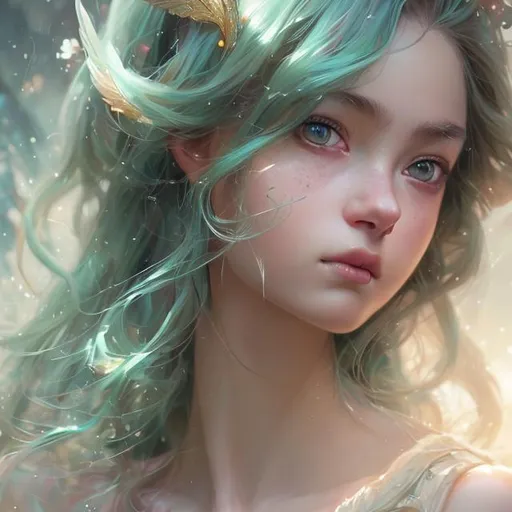 Prompt: Closeup face portrait of a {beautiful nymph woman with long green hair}, smooth soft skin, big dreamy eyes, beautiful intricate colored hair, symmetrical, anime wide eyes, soft lighting, detailed face, by makoto shinkai, stanley artgerm lau, wlop, rossdraws, concept art, digital painting, looking into camera