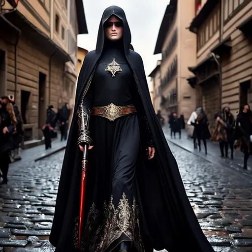 Prompt: Assassian nun in the streets of (((medieval))) Florence. Night. Dirty, used black cloak, hood, (((face covered))) mask, or shawl. Only his eyes are visible. Red hair, extremely feminine yet athletic build, sharp weapons. She's on a mission. Cinematic scene in Luis Royo style.