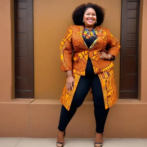 Prompt: Gorgeous smiling caramel coloured African Queen in regalia and Ankara blazer plus size