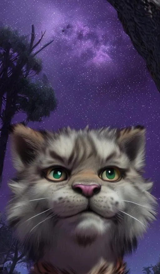 Prompt: | cute | young | male |  anthropomorphic | fluffy | tiger |  feline | khajiit | furry | fine face | purple eyes | violet furr | pretty face | starry sky | sit on stone | pound