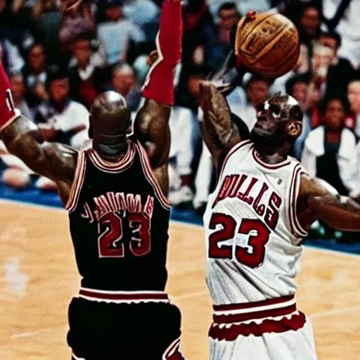 Prompt: 
Michael Jordan dunking on LeBron James
