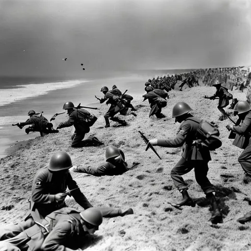 Prompt: Soldiers invading a beach while being shot at from cliffs during ww2