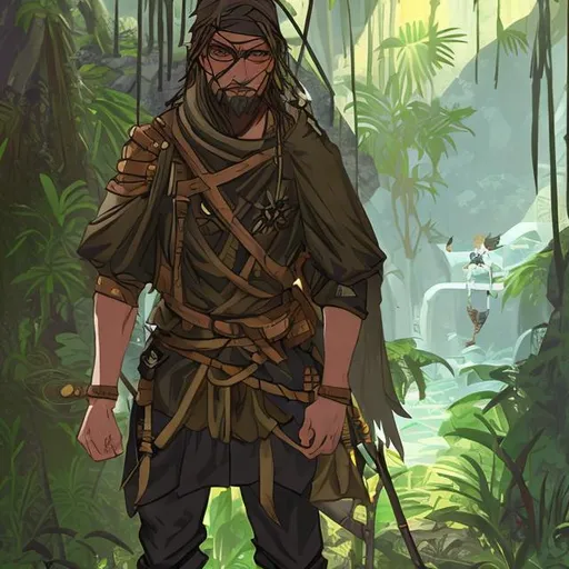 Prompt: anime medieval fantasy. jungle. night time.
Travelling male herbalist. backpack. small pouch. asymmetrical heavy clothing. ground-reaching sleeves,  one bandana and an eyepatch 