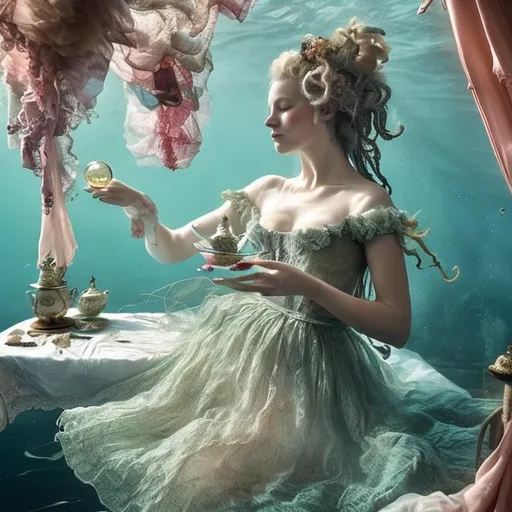Prompt: woman in 18th century dress underwater having tea.  Hair, flowing fabric, bubbles.  tea cups, saucers, tea pots.  Curls, ribbons, lace.