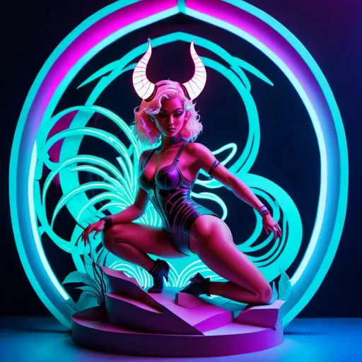 Prompt: a beautiful female demon in a dynamic pose in a retro futuristic synthwave cyberpunk neon paradise.  neon lighting, high quality, beautiful, synthwave, cyber, retro, futuristic