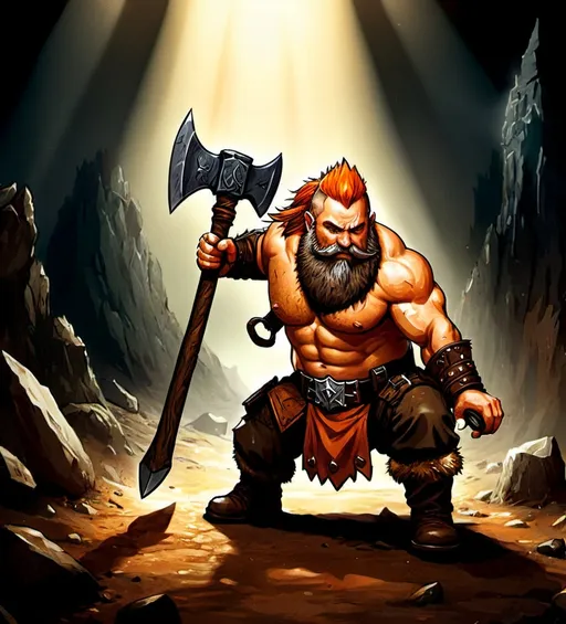 Prompt: illustration of Warhammer fantasy RPG style fierce dwarf warrior, bare chest, grimy atmosphere, orange mohawk and beard, holding battle-worn axe, dramatic lighting casting deep shadows, rich earthy tones, high quality, epic fantasy, detailed beard, rugged, weathered look, heroic, fantastical, immersive setting