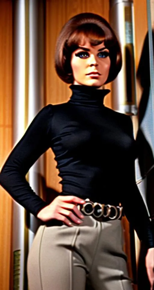 Prompt: Full body photo of  60's eurospy film operative women, beautiful face, highly detailed face, 60's short hair cut, 60's tight fitting evil organistion spy film uniform, military belt, 60's spy secret hideout control room, accurate anatomy, photorealistic professional lighting, highly detailed photo, large plan, 164k, UHD, HDR. Strong jawline, accurate anatomy, strategic lighting. Cinematic experience