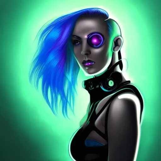 Prompt: A digital illustration of a cyberpunk woman with striking neon blue hair and cybernetic enhancements. The image uses dramatic lighting and a dark background to create a futuristic and edgy atmosphere, with a green color palette that accentuates the woman's sharp features and piercing gaze. The artwork is taken from a Full Length Shot and uses an Aerialview perspective, showcasing the woman's sleek and metallic outfit with intricate details and glowing accents. The composition uses a diagonal line and balanced framing style, with inspiration from the cyberpunk genre and its emphasis on technology and rebellion.