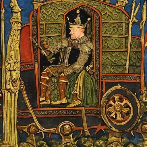 Prompt: Medieval king driving a car, dressed in brocate, oil painting, 15th century