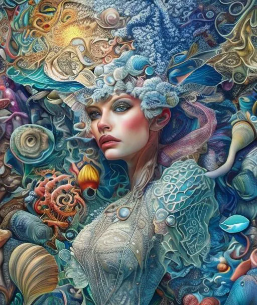 Prompt: seashore, shells, a beautiful girl walking, abstract painting, intricate artwork masterpiece, highly detailed, vibrant, illusion, full body