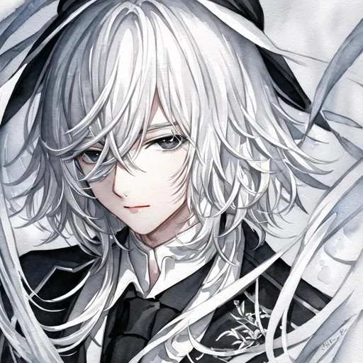 Prompt: white hair, watercolor painting, watercolor rendering, black and white, completely fully black eyes, male, man, boy, black and white, glossy lips,closeup portrait shot of a man, korean, in suits, manhwa art style, eye bags, pink eyebags, manhwa, korean art style, rendered warmly, black and white,