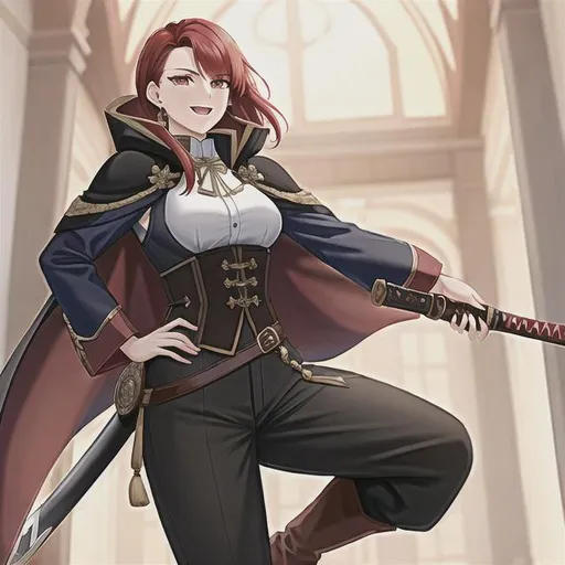 Prompt: a cute tall muscular young warrior woman, 20, with ornate red hair, with alabaster complexion, with large pretty red eyes, looking happy and excited, wearing a black traveling cloak, wearing a puffy white shirt, wearing a blue vest, wearing long tan pants, wearing tall black boots, attacking with a katana, fantasy genre