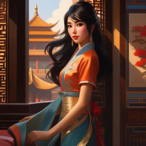 Prompt: Third person, gameplay, Chinese girl, olive skin, black hair, brown eyes, Shanghai, golden atmosphere, cartoony style, extremely detailed painting by Greg Rutkowski and by Henry Justice Ford and by Steve Henderson 