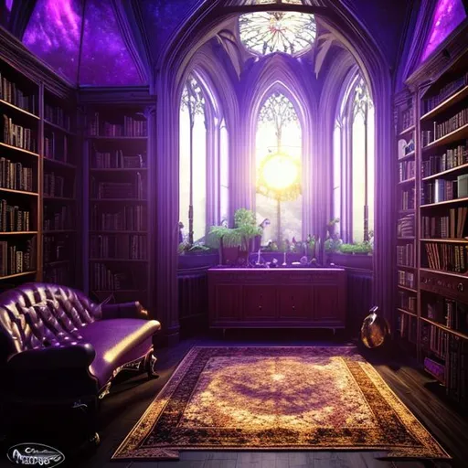 Prompt: HD, 4K, 3D, Stunning, magic, cinematic camera, two-point perspective, interior design,witch studio room, ethereal,chaise longue, full moon outside, gorgeous gothic windows,bookshelf, cauldron, magic mirrors, light contrast, witchy ambient, purple and green sunstrails, moon glow, magic books, 