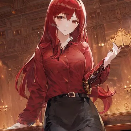Prompt: masterpiece, illustration, best quality:1.2), 1girl, solo, red hair, dignified , finely detailed, detailed face, beautiful detailed eyes, beautiful detailed shading, beautifully detailed background, surtr, arknights, short black skirt