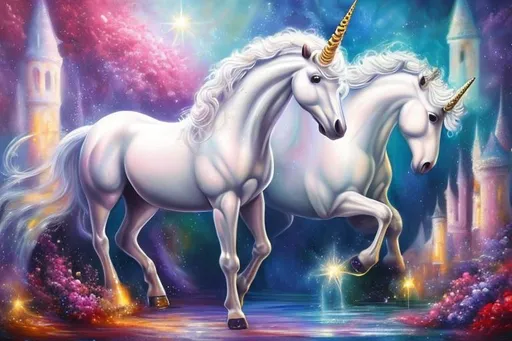Prompt: white unicorn in magical forset full of beautiful flowers, oil painting