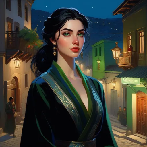 Prompt: Third person, gameplay, Georgian girl, pale skin, black hair, green eyes, Tbilisi at night, cold blue atmosphere, cartoony style, extremely detailed painting by Greg Rutkowski and by Henry Justice Ford and by Steve Henderson 