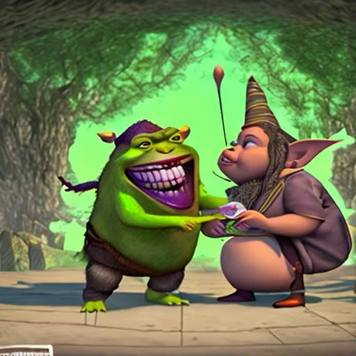 Prompt: Shrekshuka encounters a gnome and eats quacamole fun time