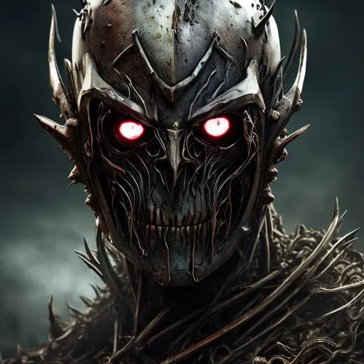 Prompt: front facing, Vampire, Wraith, undead, facing front Portrait, detailed, heaviliy rusted spiked Helm, rusted armour, lotr, glowing eyes, skeletal face, razer sharp team, visibly angry, thin, decaying and rotten flesf, veiny face