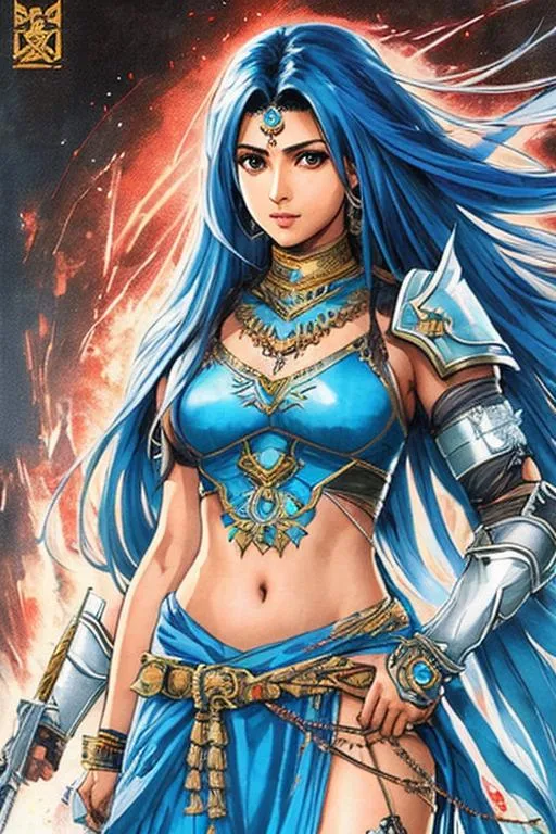 Prompt: Shining Force Concept art (((Yoji Shinkawa))), sticker of ultra detailed portrait of Sadaf Mohammed Sayed  (Indian actress who mainly appears in Telugu, Tamil, and Kannada films)in blue greek armor, blue long hair, high quality cell shaded illustration in post apocalyptic style by Yoji Shinkawa, ((full body portrait)), dynamic pose, perfect anatomy, centered, freedom, soul, blue long hair, approach to perfection, cell shading, 4k , cinematic dramatic atmosphere, watercolor painting, global illumination, detailed and intricate environment, artstation, concept art, fluid and sharp focus, volumetric lighting, cinematic lighting, Art by Yoji Shinkawa,