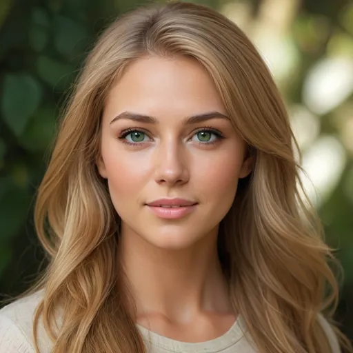 Prompt: Beautiful woman with long sandy blonde hair, Hunter green eyes, hint of a smile, healthy shiny skin, stunning beauty, highres, detailed facial features, realistic, warm tones, soft lighting, a California girl all the way. Her looks are very similar to actress Katherine Macnamara.