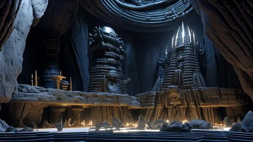 Prompt: Large Cave of Warship made out of stone with an Onyx alter to Azhia, Sinister God, Evil Fantasy, Pathfinder, Deity, Unholy, Eldritch, H.R. Giger, WLOP, Greg Rutkowski, Dark Fantasy, Insanely Detailed, Intricately Detailed, Hyperdetailed, Epic Masterpiece, bokeh, ethereal, flickering light