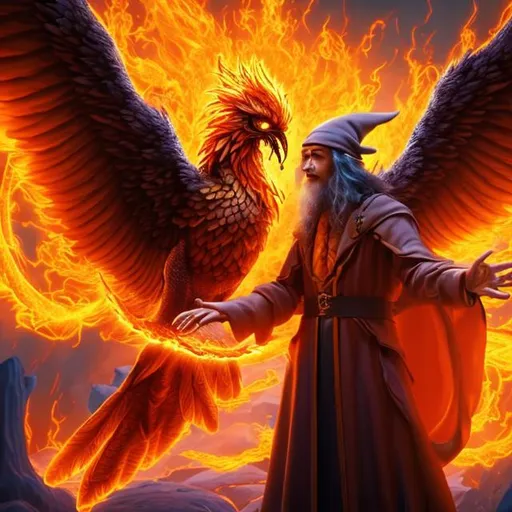 Prompt: Anthropomorphic wizard fire lord and his fire bird phoenix summoning from his wand. 4k ultra vibrant top-down view
