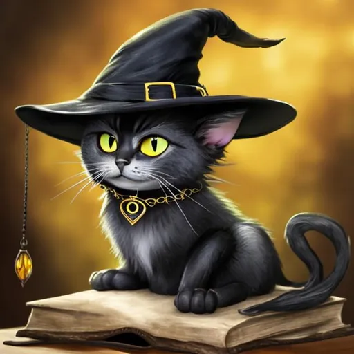 Prompt: A black cat with yellow eyes and a pendant around its neck sitting on a book. The cat is wearing a witch poibty black hat
