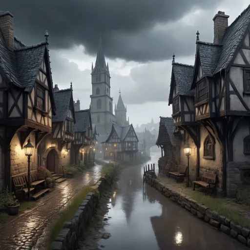 Prompt: Warhammer fantasy RPG style rainy village by the river at day, eerie atmosphere, cloudy sky, gothic architecture, detailed cobblestone roads, hauntingly lit street lamps, mist over the river, highres, detailed, eerie atmosphere, gothic, village, RPG style, cloudy sky, haunting lighting