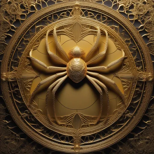 Prompt: A Giant Foreboding Spider Deity, golden filigree intricate details, style of LotR, 