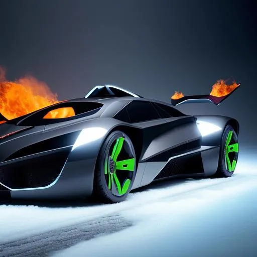 Prompt: Futuristic hyper Batmobile on burning flames and ice sharp megatron speed
