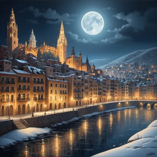 Prompt: Hyper-detailed surrealistic cityscape of a old city on the bank of a large river in snow winter at incredible moonlit night, the city inspired by old Barcelona, low angle, very close-up, naive art style with a touch of fantasy, come up with an original and unique style, inspired by great artists of the past combined with contemporary art, 
intricate details, high quality textures, octane rendering, 
highest quality, sharp focus, fine details, feeling of a highly detailed professional painting, volumetric dramatic light, backlighting and local lighting, reflections on surfaces