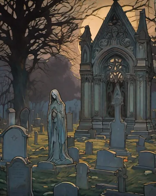 Prompt: An eerie graveyard scene at dusk, painted in the gothic style of Alphonse Mucha. Shot with a shallow depth of field using moody, directional lighting. The mood is haunting and dramatic.