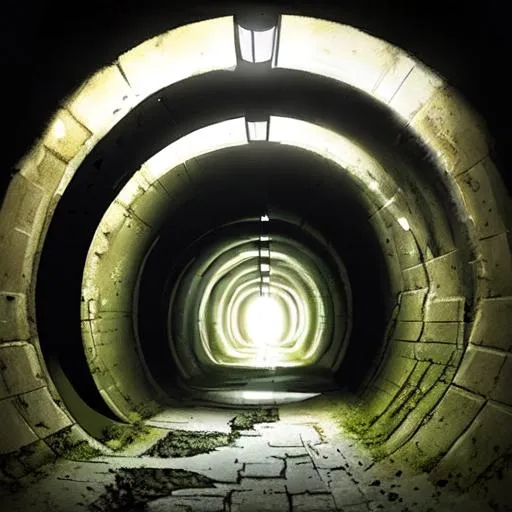 Prompt: dark underground round sewer tunnel with water puddles interior