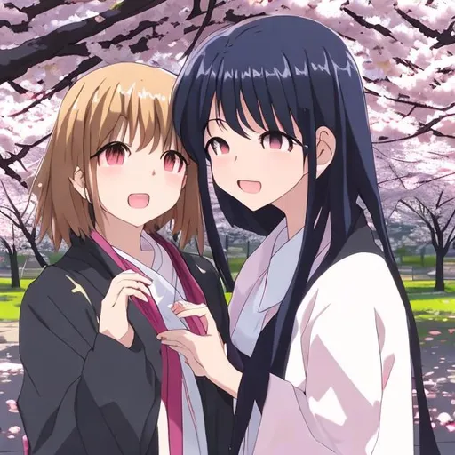 Prompt: an anime scene featuring two friends sharing a heartfelt moment under a blooming cherry blossom tree