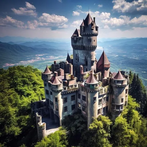 Prompt: Abandoned castle on a mountain on a sunny day