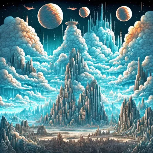 Prompt: a detailed fantasy city in the clouds high above a planet in coloured pen in Quinton Hoover style art