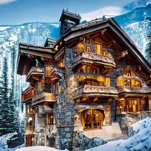 Prompt: The large mountain chalet will have a grand and imposing appearance, constructed with a combination of stone, timber, and enchanted materials.
The architecture will blend alpine style with fantasy elements, featuring intricate carvings and embellishments inspired by the mythical creatures.
The chalet will have multiple levels, with a spacious and inviting entrance adorned with unique symbols representing each creature.